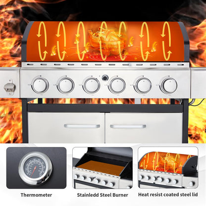 EROMMY 6 Burner BBQ Propane Gas Grill, 58,000 BTU Stainless Steel Patio Garden Barbecue Grill with Stove and Side Table