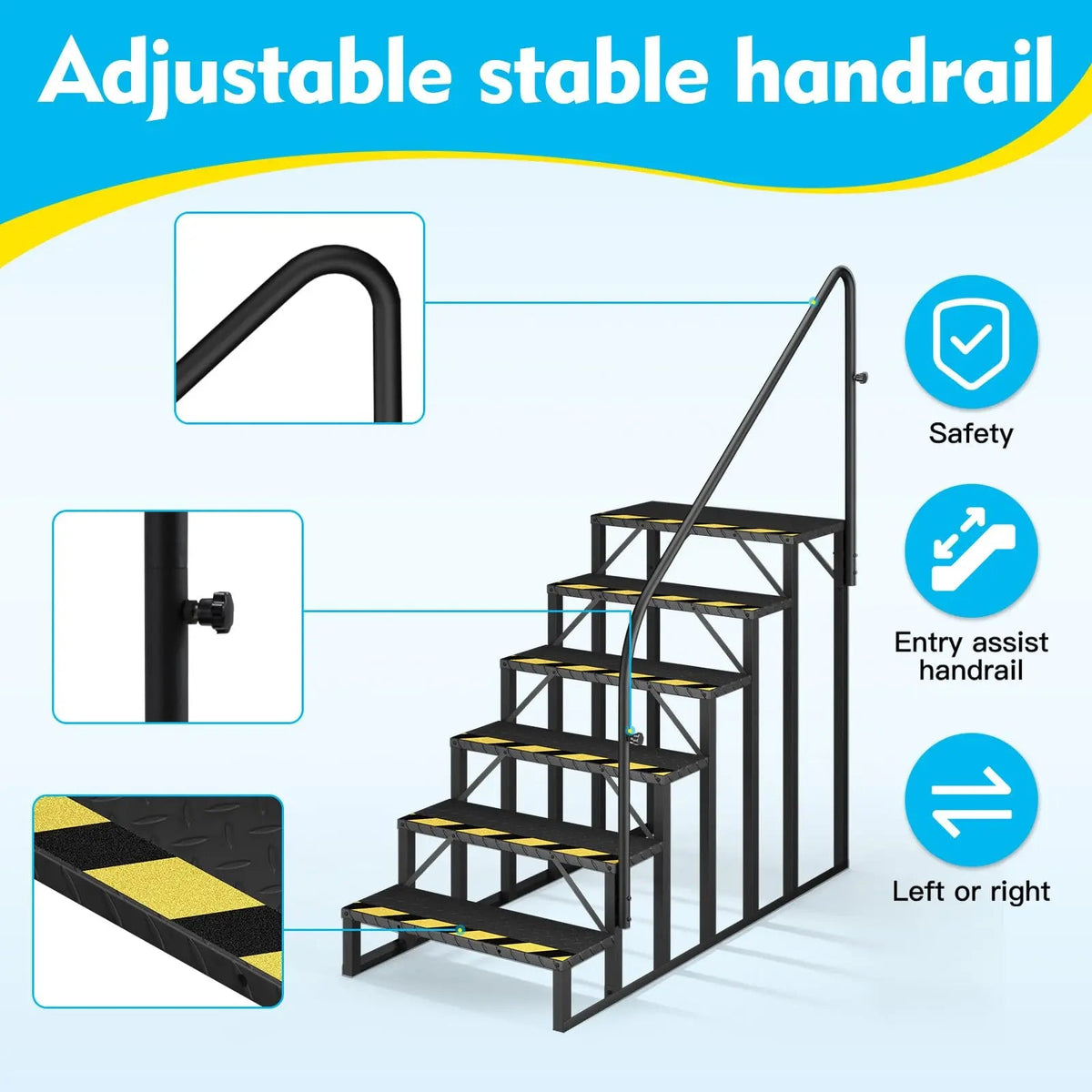 EROMMY 6-Step RV Steps with Handrail, 660LBS Capacity, Metal Mobile Home Stairs with Armrest, Anti-Slip Hot Tub & Camper Steps, Non-Skid Treads