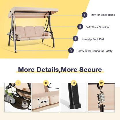 EROMMY 3-Seat Outdoor Porch Swing with Adjustable Canopy and Backrest, Khaki