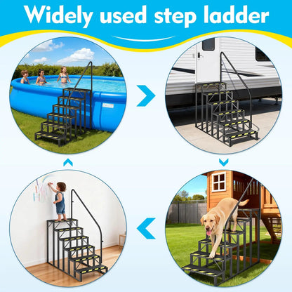 EROMMY 6-Step RV Steps with Handrail, 660LBS Capacity, Metal Mobile Home Stairs with Armrest, Anti-Slip Hot Tub & Camper Steps, Non-Skid Treads