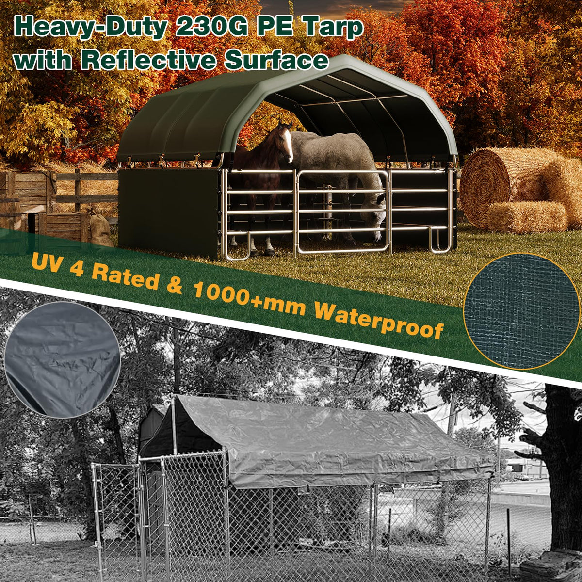 EROMMY 12'x12'x9.2' Corral and Livestock Shelter, Heavy Duty Round Style Canopy, Waterproof and UV Treated Steel Frame Cover, Easy Assembly Stable and Temporary Farm Shed, Green