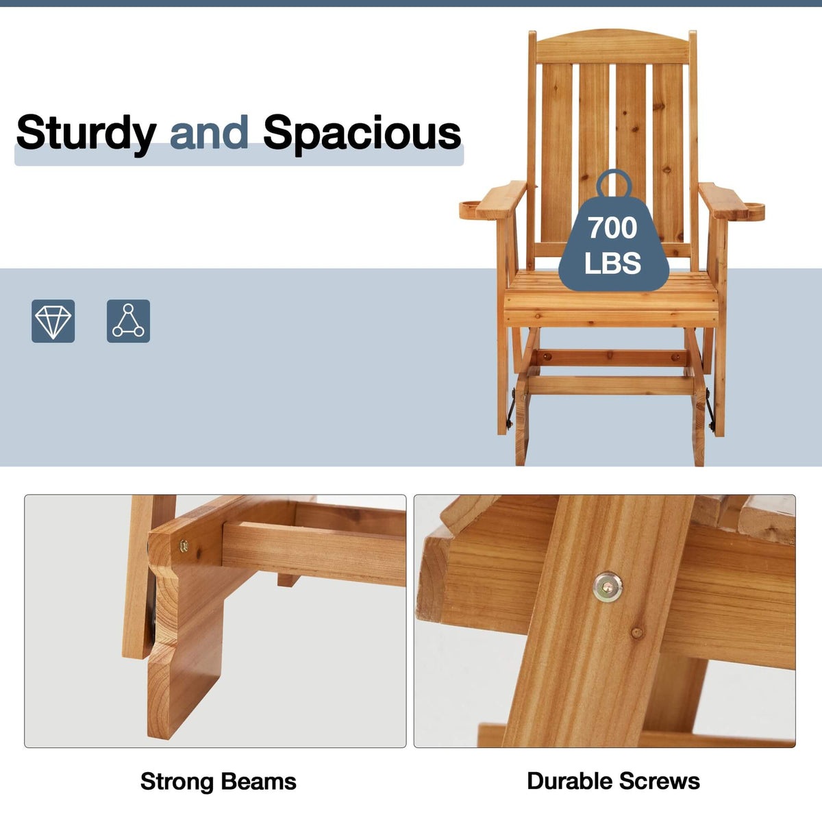 EROMMY Wooden Patio Glider Chair with Cup Holders Heavy Duty 700lbs