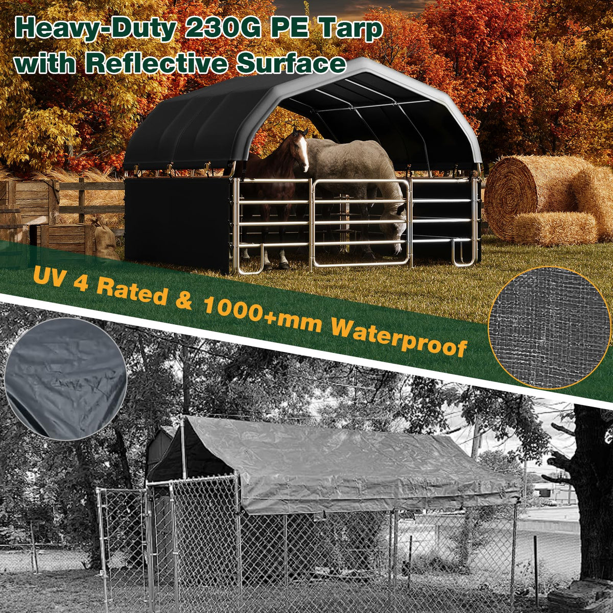 EROMMY 12'x12'x9.2' Corral and Livestock Shelter, Heavy Duty Round Style Canopy, Waterproof and UV Treated Steel Frame Cover, Easy Assembly Stable and Temporary Farm Shed, Grey