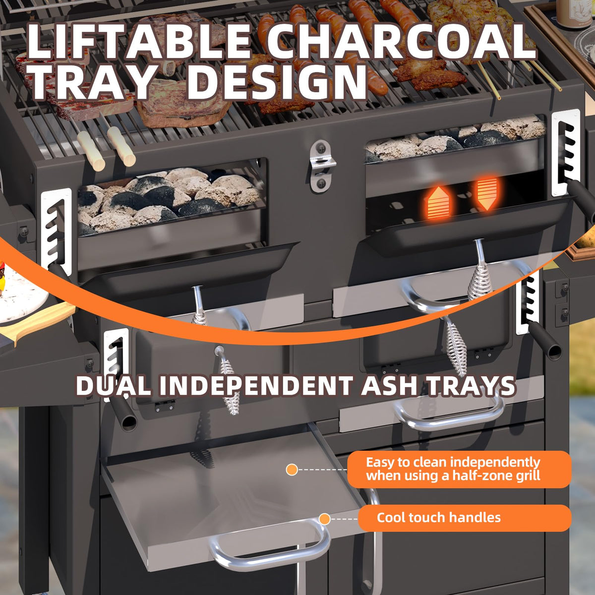 EROMMY 36 In Large Charcoal Grill - 620 Sq.In Oversized BBQ Area with Storage Cabinet & Individual Lifting Charcoal Trays, Foldable Side Tables and Thermometer