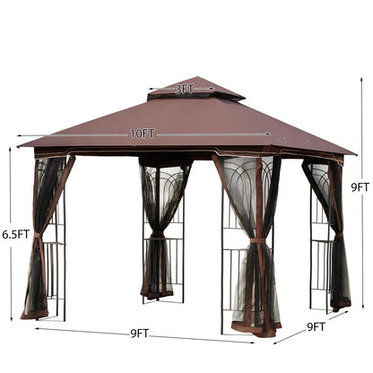 EROMMY Outdoor Gazebo 10'x10', Heavy Duty Canopy Tent with Soft Double Roofs & Metal Corner Frame Shelves, Party Tent Shelter with Mosquito Netting for Patio, Deck, Backyard, Brown