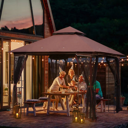 EROMMY Outdoor Gazebo 10'x10', Heavy Duty Canopy Tent with Soft Double Roofs & Metal Corner Frame Shelves, Party Tent Shelter with Mosquito Netting for Patio, Deck, Backyard, Brown