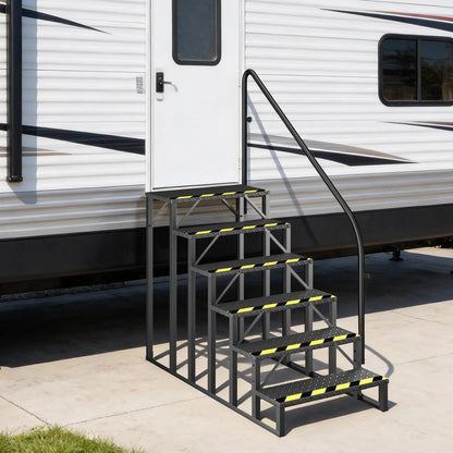 EROMMY 6-Step RV Steps with Handrail, 660LBS Capacity, Metal Mobile Home Stairs with Armrest, Anti-Slip Hot Tub & Camper Steps, Non-Skid Treads