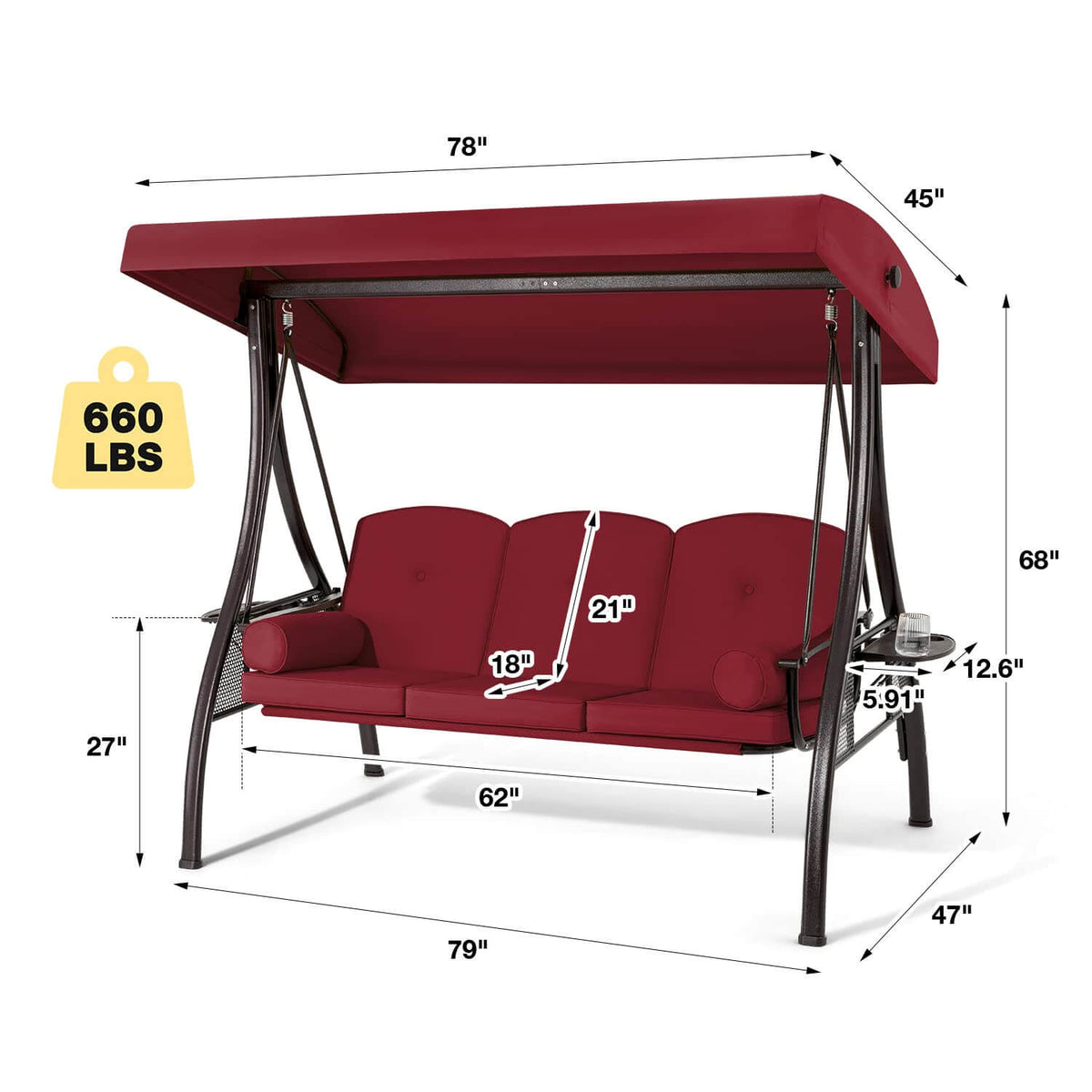 EROMMY 3-Seat Outdoor Porch Swing with Adjustable Canopy Backrest and 2 Side Trays, Wine Red