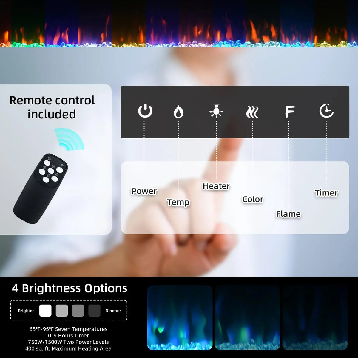 EROMMY Wall Mounted Electric Fireplace, with 12 LED Colors and Remote Control  - 100 inches