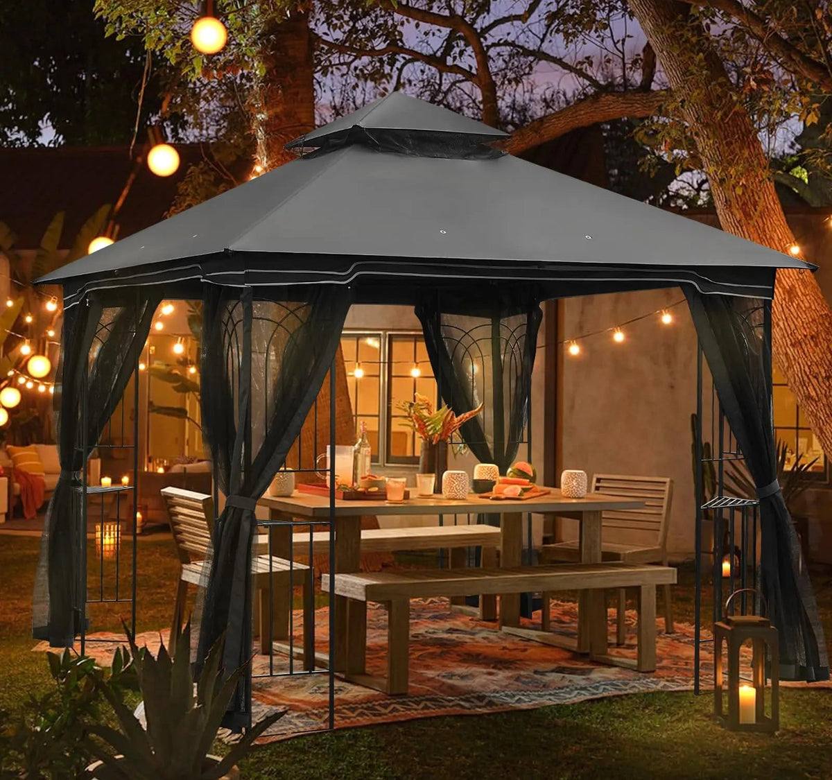 EROMMY Outdoor Gazebo 10'x10', Heavy Duty Canopy Tent with Soft Double Roofs & Metal Corner Frame Shelves, Party Tent Shelter with Mosquito Netting for Patio, Deck, Backyard, Gray