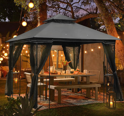 EROMMY Outdoor Gazebo 10'x10', Heavy Duty Canopy Tent with Soft Double Roofs & Metal Corner Frame Shelves, Party Tent Shelter with Mosquito Netting for Patio, Deck, Backyard, Gray