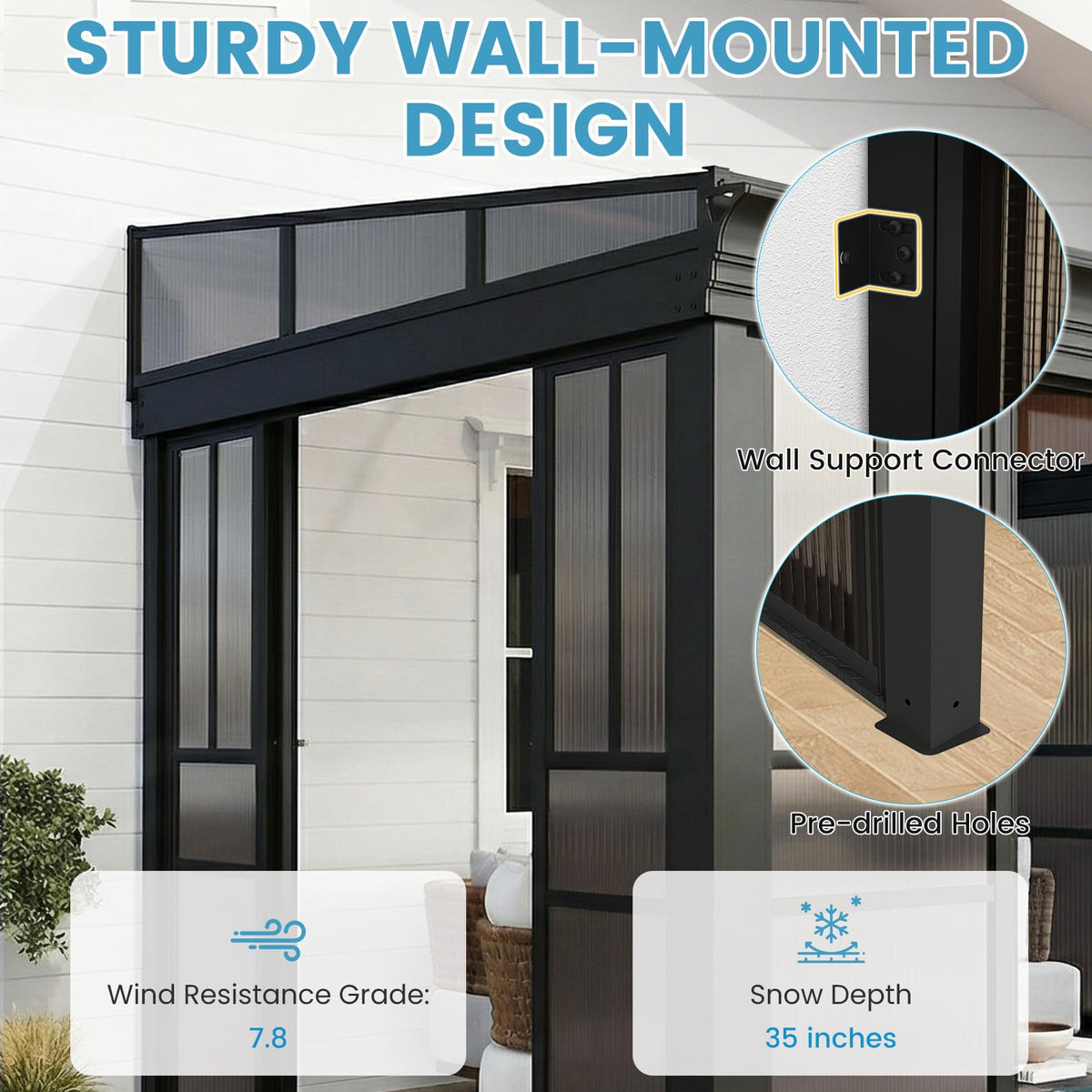 EROMMY 8x12 Lean-to Sunroom Gazebo, Enclosed Patio Shelter with Sliding Doors, Polycarbonate Roof and Gray-Tinted Panels, Aluminum Frame for Backyard