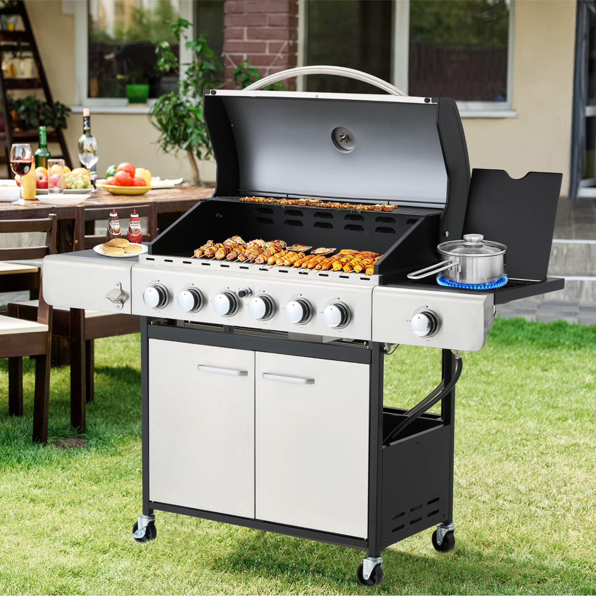 EROMMY 6 Burner BBQ Propane Gas Grill, 58,000 BTU Stainless Steel Patio Garden Barbecue Grill with Stove and Side Table