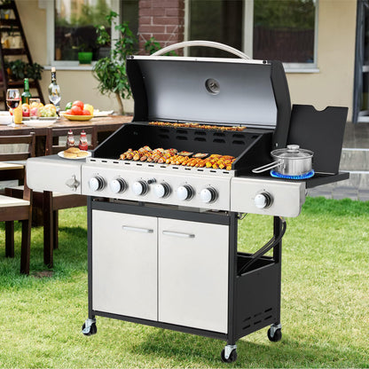 EROMMY 6 Burner BBQ Propane Gas Grill, 58,000 BTU Stainless Steel Patio Garden Barbecue Grill with Stove and Side Table