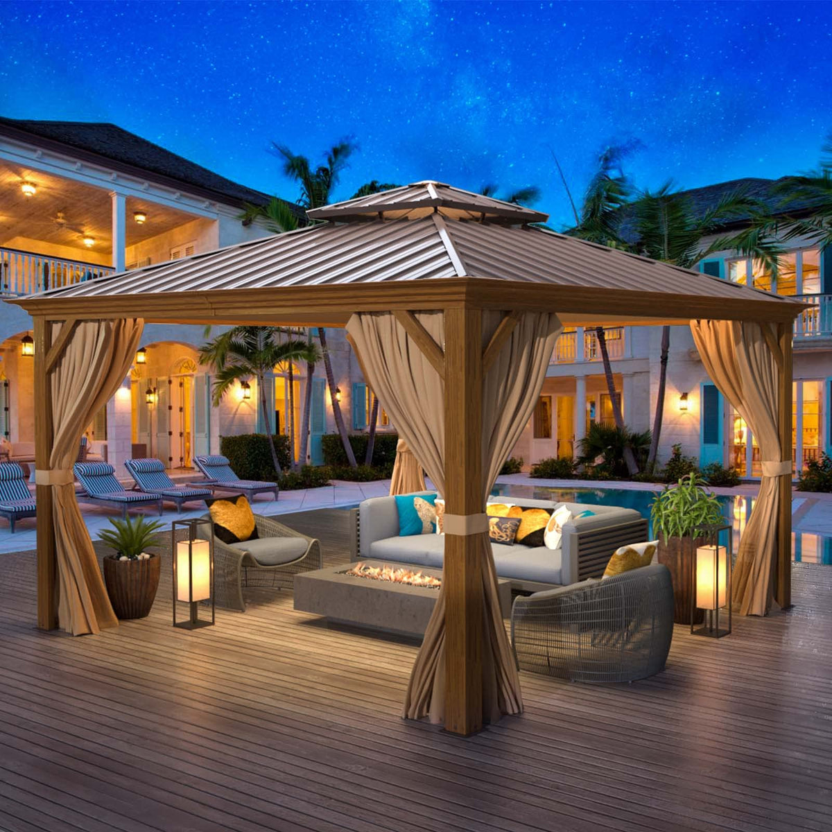 EROMMY 12' x 12' Hardtop Gazebo Faux Wood Grain Metal Ganopy with Aluminum Frame, Galvanized Steel Double Roof