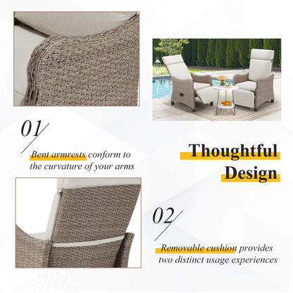 EROMMY Outdoor Wicker Recliner Chairs Set of 2 with Adjustable Backrest & Footrest, Light Gray
