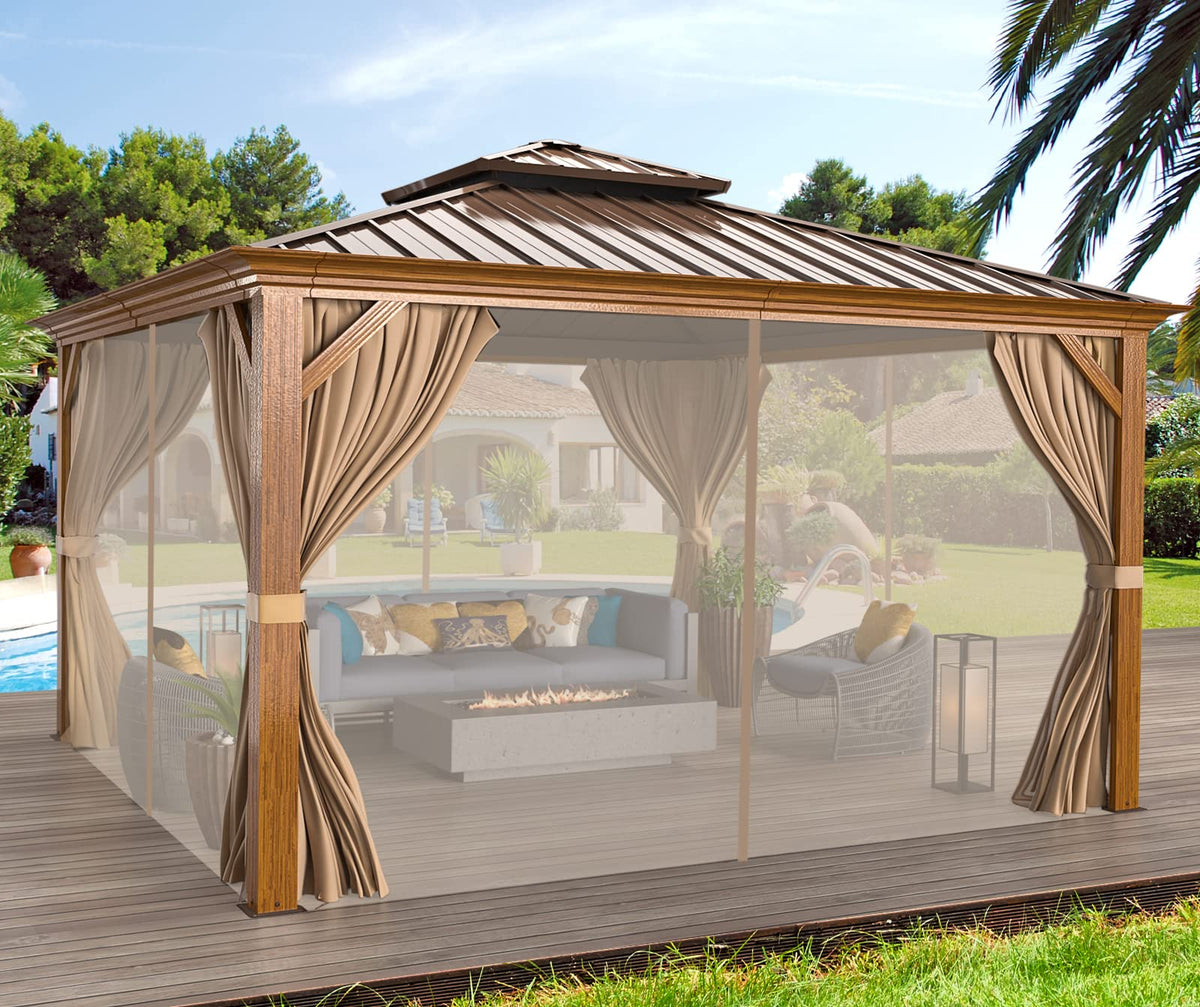 EROMMY 12' x 12' Hardtop Gazebo Faux Wood Grain Metal Ganopy with Aluminum Frame, Galvanized Steel Double Roof