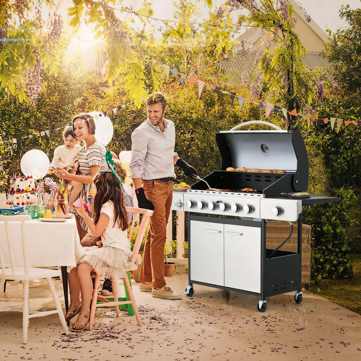 EROMMY 6 Burner BBQ Propane Gas Grill, 58,000 BTU Stainless Steel Patio Garden Barbecue Grill with Stove and Side Table