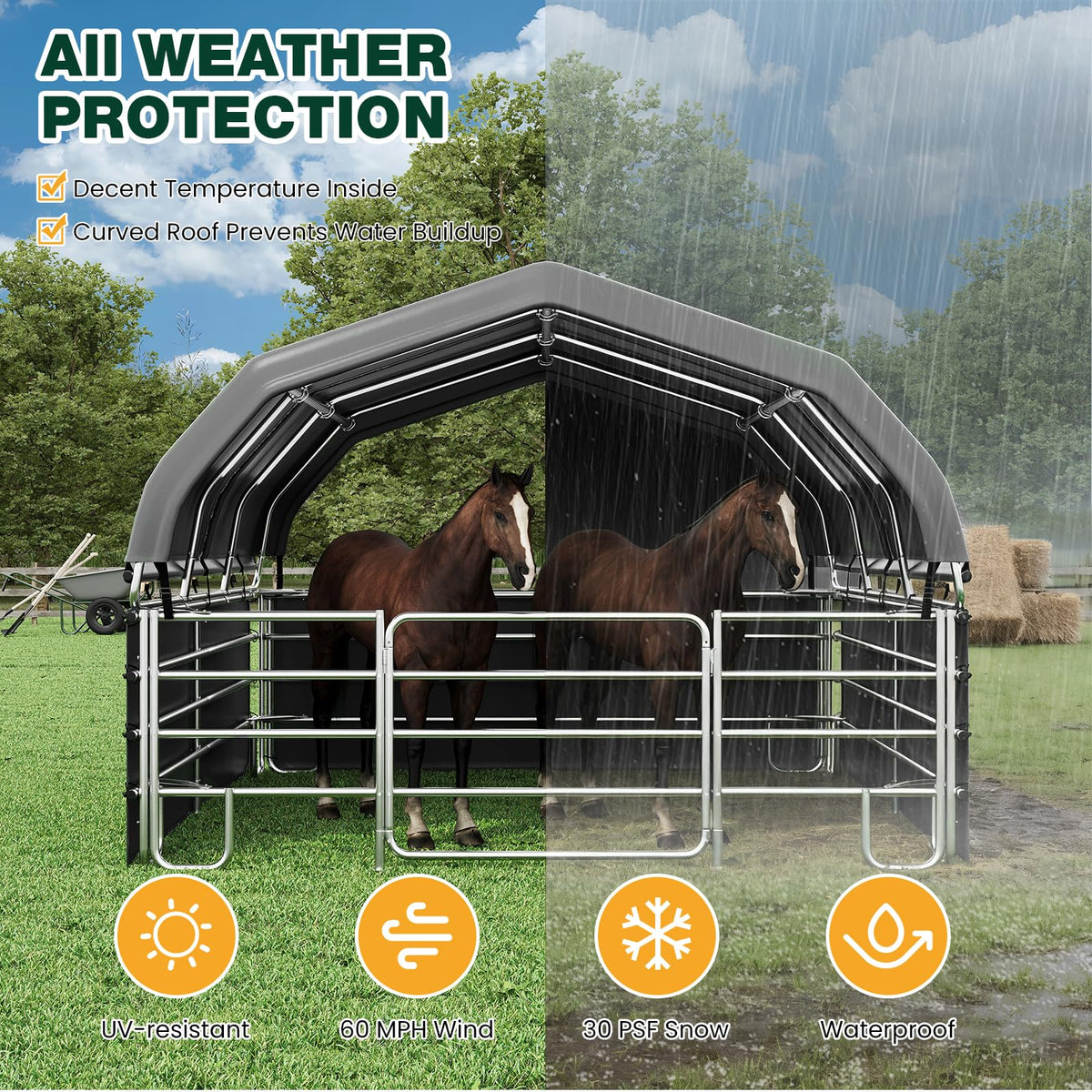 EROMMY 12'x12'x9.2' Corral and Livestock Shelter, Heavy Duty Round Style Canopy, Waterproof and UV Treated Steel Frame Cover, Easy Assembly Stable and Temporary Farm Shed, Grey