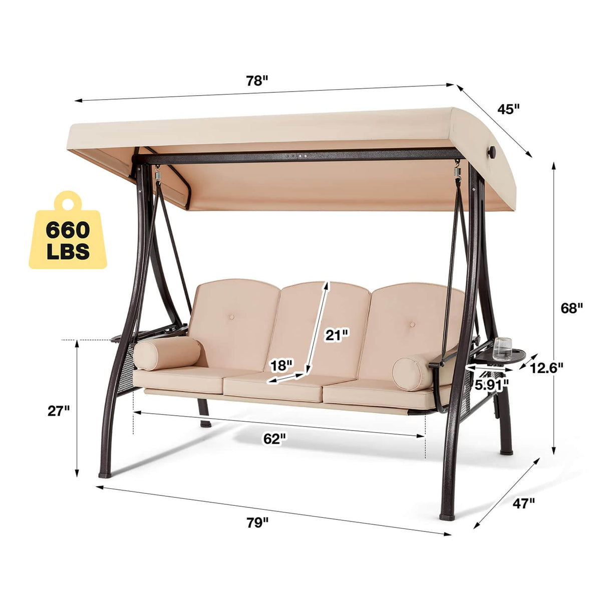EROMMY 3-Seat Outdoor Porch Swing with Adjustable Canopy and Backrest, Khaki