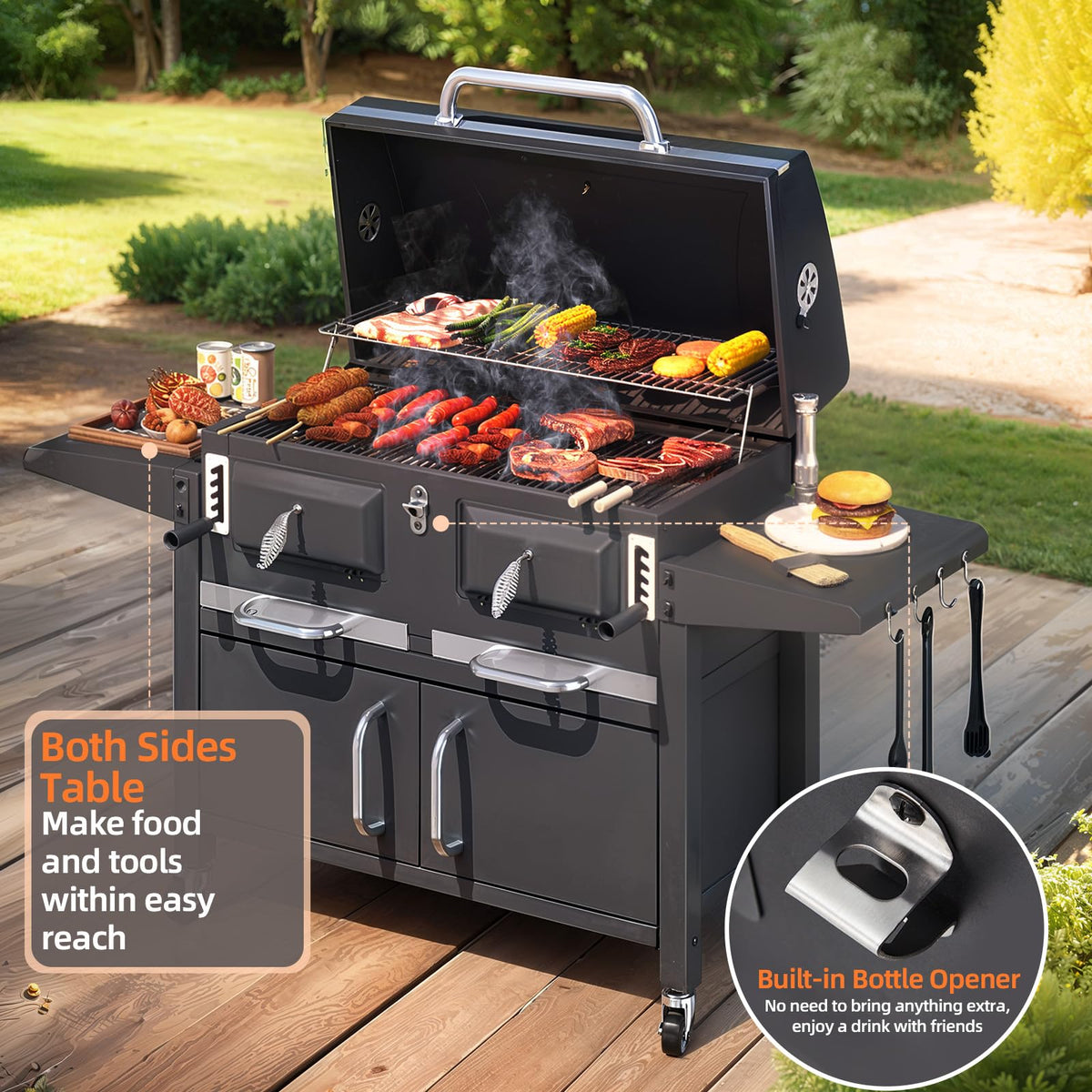 EROMMY 36 In Large Charcoal Grill - 620 Sq.In Oversized BBQ Area with Storage Cabinet & Individual Lifting Charcoal Trays, Foldable Side Tables and Thermometer