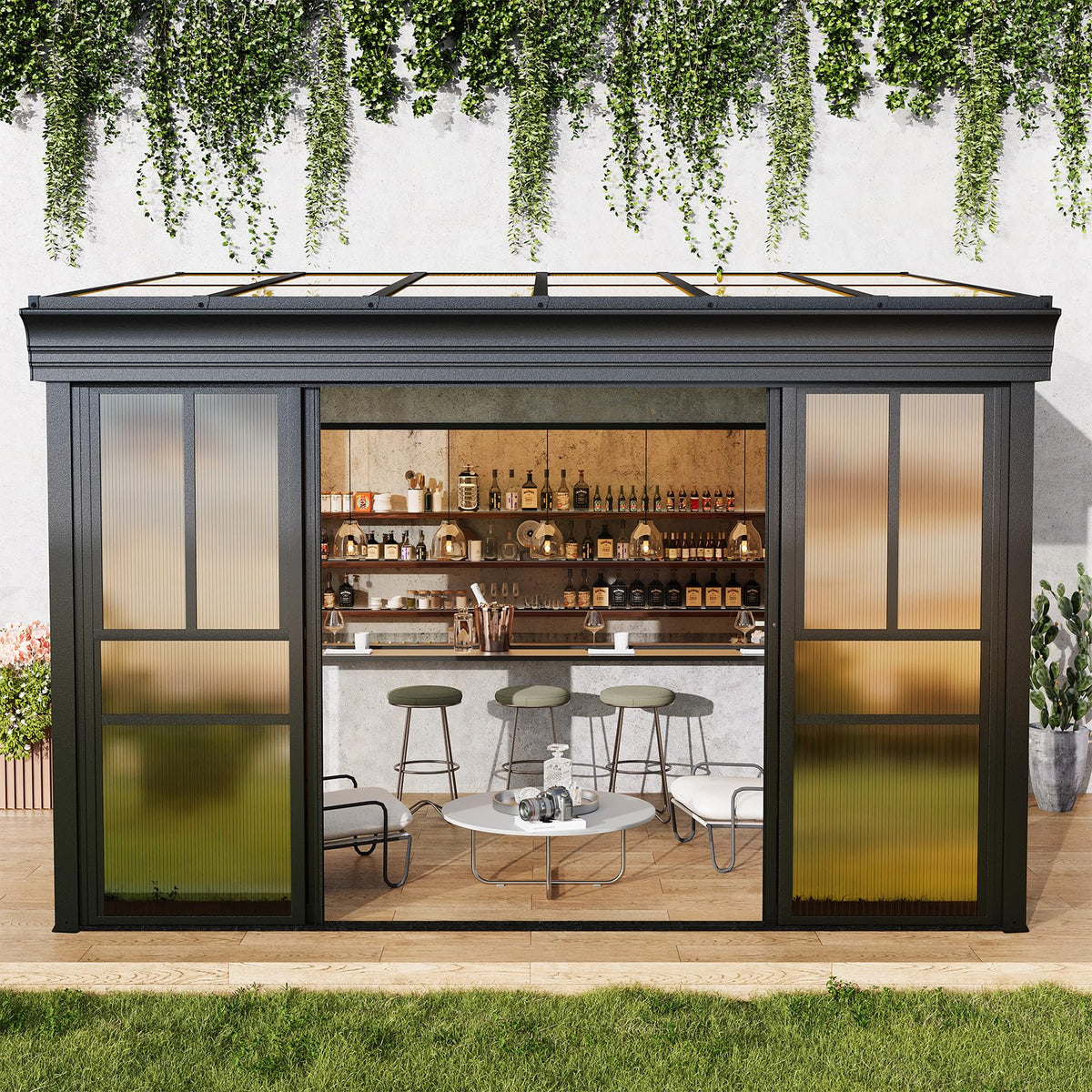 EROMMY 8x12 Lean-to Sunroom Gazebo, Enclosed Patio Shelter with Sliding Doors, Polycarbonate Roof and Brown-Tinted Panels, Aluminum Frame for Backyard
