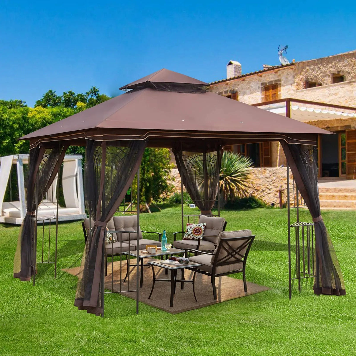 EROMMY Outdoor Gazebo 10'x10', Heavy Duty Canopy Tent with Soft Double Roofs & Metal Corner Frame Shelves, Party Tent Shelter with Mosquito Netting for Patio, Deck, Backyard, Brown