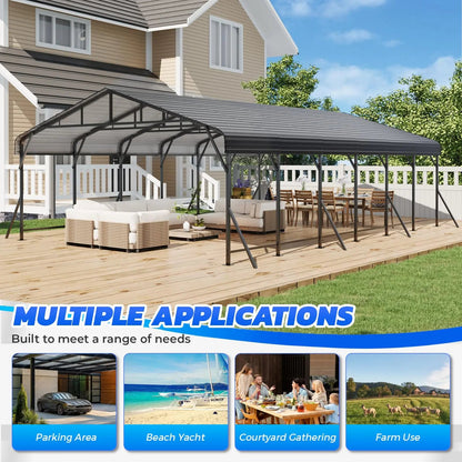 EROMMY 20x30 FT Heavy Duty Metal Carport with Reinforced Steel Braces & Galvanized Steel Roof and Frame, Sturdy Car Shed in All Weathers, Easy Assembly Car Shelter for 2 Cars, SUV, Tractors and Boat