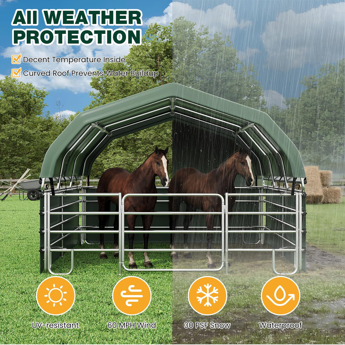 EROMMY 12'x12'x9.2' Corral and Livestock Shelter, Heavy Duty Round Style Canopy, Waterproof and UV Treated Steel Frame Cover, Easy Assembly Stable and Temporary Farm Shed, Green