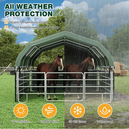 EROMMY 12'x12'x9.2' Corral and Livestock Shelter, Heavy Duty Round Style Canopy, Waterproof and UV Treated Steel Frame Cover, Easy Assembly Stable and Temporary Farm Shed, Green