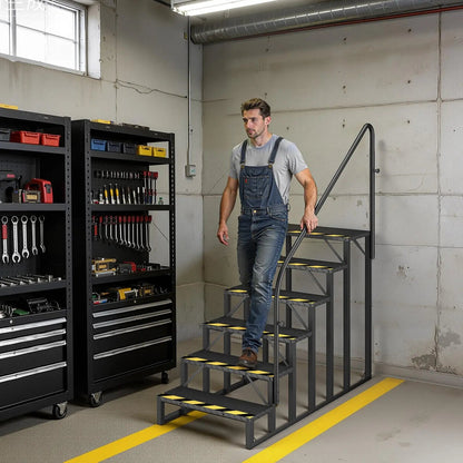 EROMMY 6-Step RV Steps with Handrail, 660LBS Capacity, Metal Mobile Home Stairs with Armrest, Anti-Slip Hot Tub & Camper Steps, Non-Skid Treads