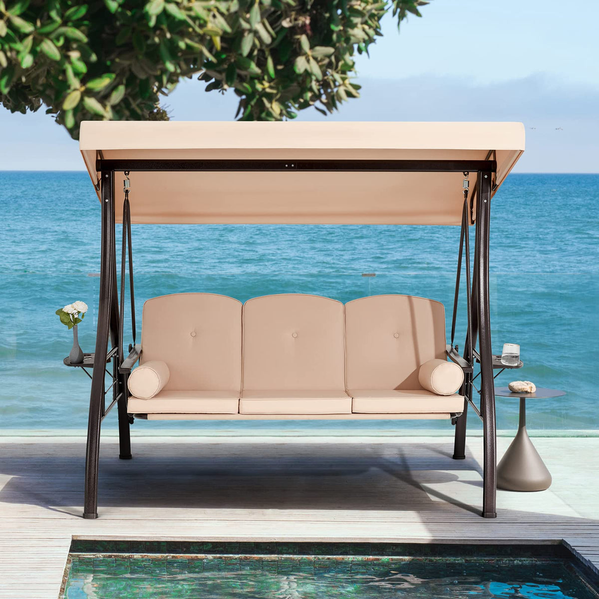 EROMMY 3-Seat Outdoor Porch Swing with Adjustable Canopy and Backrest, Khaki