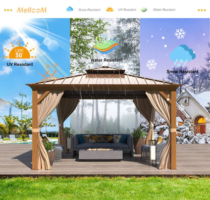 EROMMY 12' x 12' Hardtop Gazebo Faux Wood Grain Metal Ganopy with Aluminum Frame, Galvanized Steel Double Roof