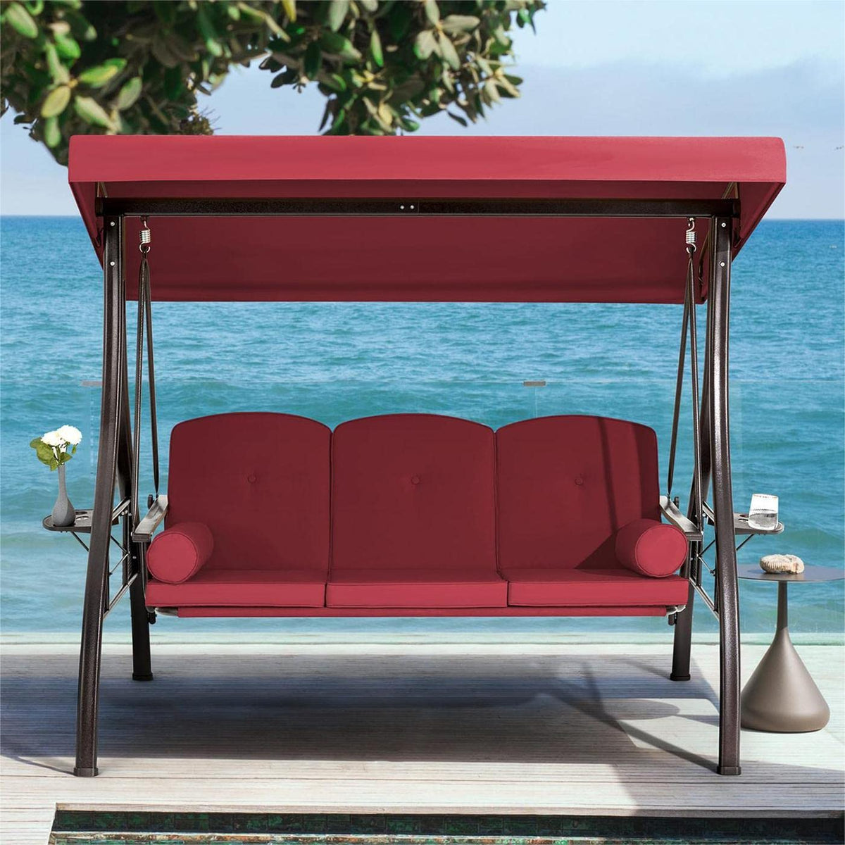 EROMMY 3-Seat Outdoor Porch Swing with Adjustable Canopy Backrest and 2 Side Trays, Wine Red