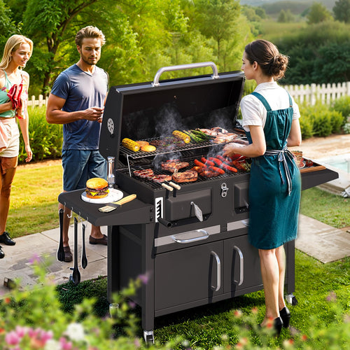 EROMMY 36 In Large Charcoal Grill - 620 Sq.In Oversized BBQ Area with Storage Cabinet & Individual Lifting Charcoal Trays, Foldable Side Tables and Thermometer