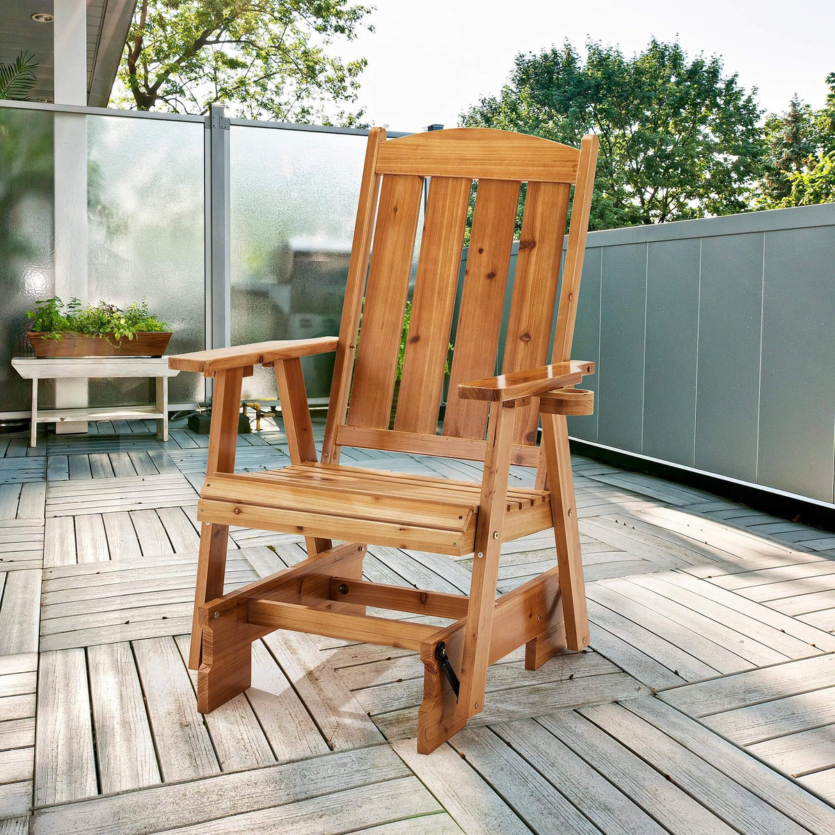 EROMMY Wooden Patio Glider Chair with Cup Holders Heavy Duty 700lbs