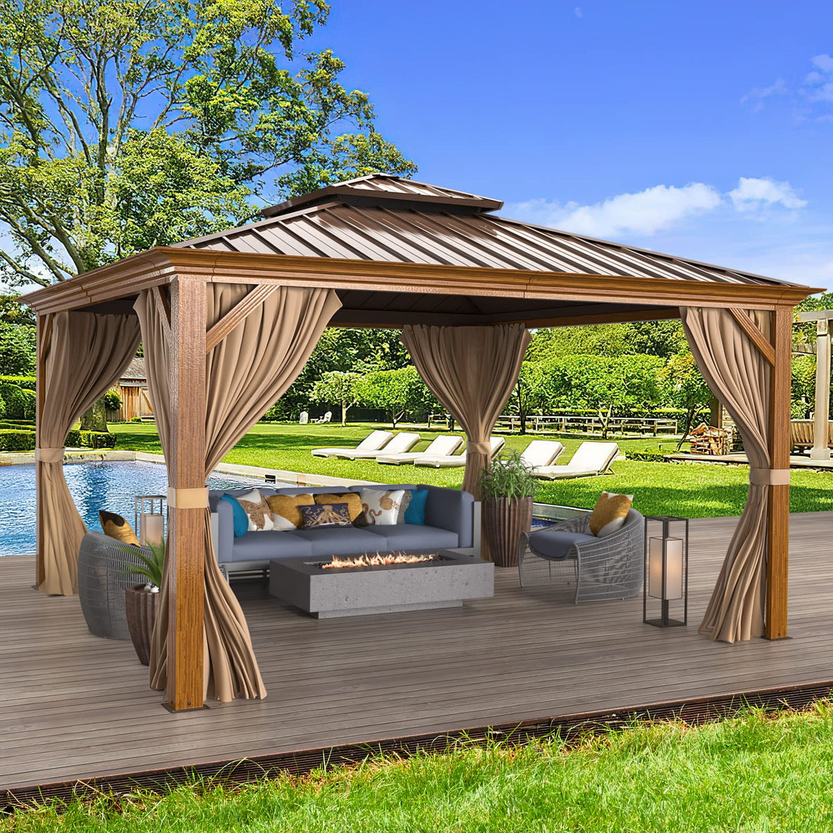 EROMMY 12' x 12' Hardtop Gazebo Faux Wood Grain Metal Ganopy with Aluminum Frame, Galvanized Steel Double Roof