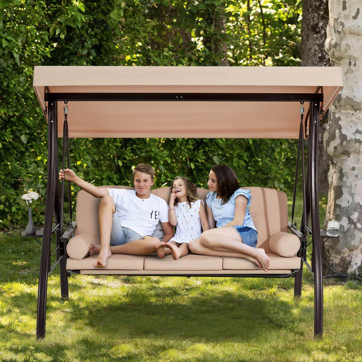 EROMMY 3-Seat Outdoor Porch Swing with Adjustable Canopy and Backrest, Khaki