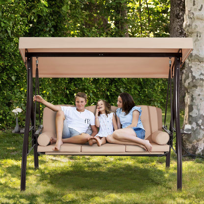 EROMMY 3-Seat Outdoor Porch Swing with Adjustable Canopy and Backrest, Khaki