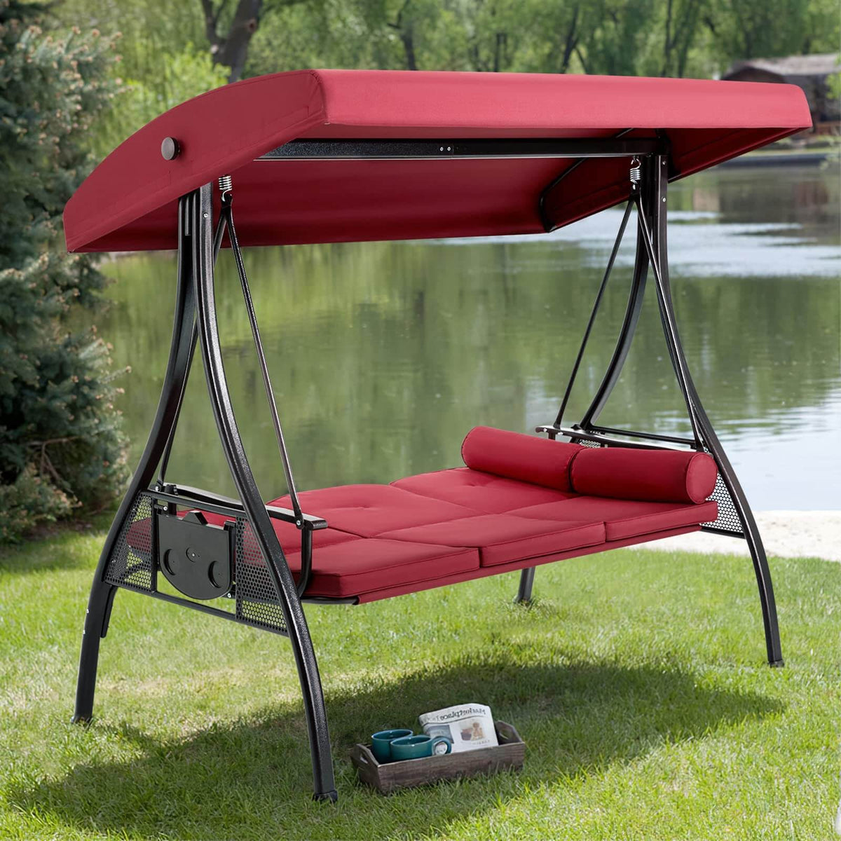EROMMY 3-Seat Outdoor Porch Swing with Adjustable Canopy Backrest and 2 Side Trays, Wine Red