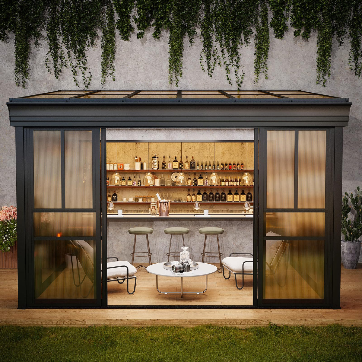 EROMMY 8x12 Lean-to Sunroom Gazebo, Enclosed Patio Shelter with Sliding Doors, Polycarbonate Roof and Brown-Tinted Panels, Aluminum Frame for Backyard