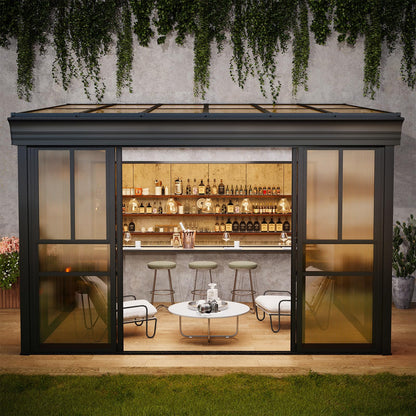 EROMMY 8x12 Lean-to Sunroom Gazebo, Enclosed Patio Shelter with Sliding Doors, Polycarbonate Roof and Brown-Tinted Panels, Aluminum Frame for Backyard