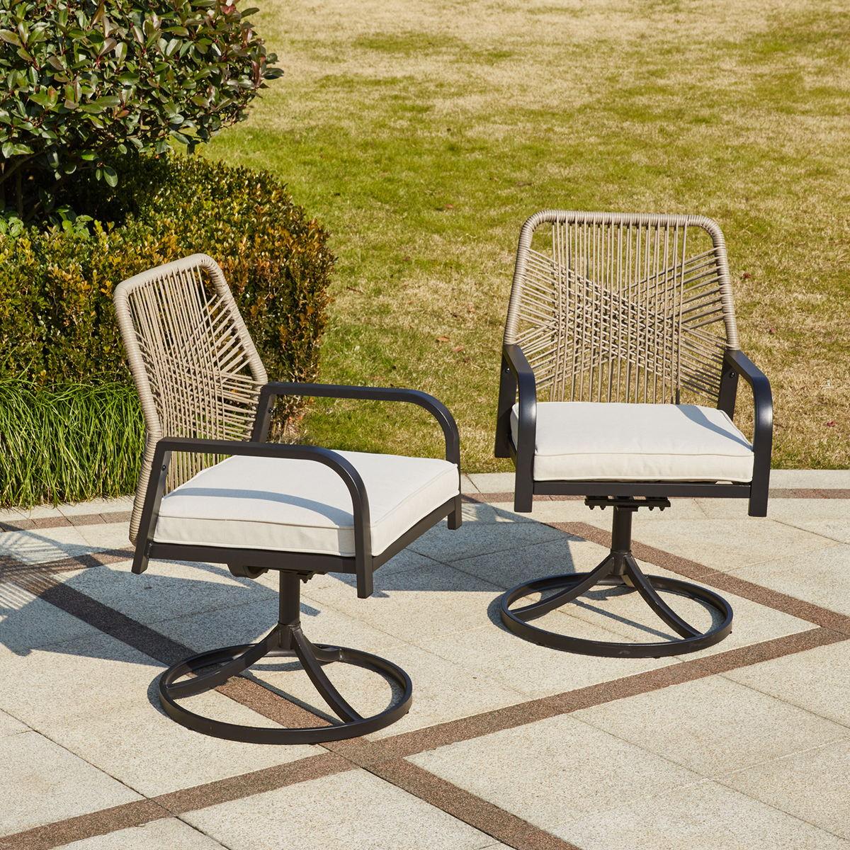 EROMMY Swivel Patio Chairs Set of 4, Outdoor Rattan Dining Chairs with Thickened Cushions, Beige