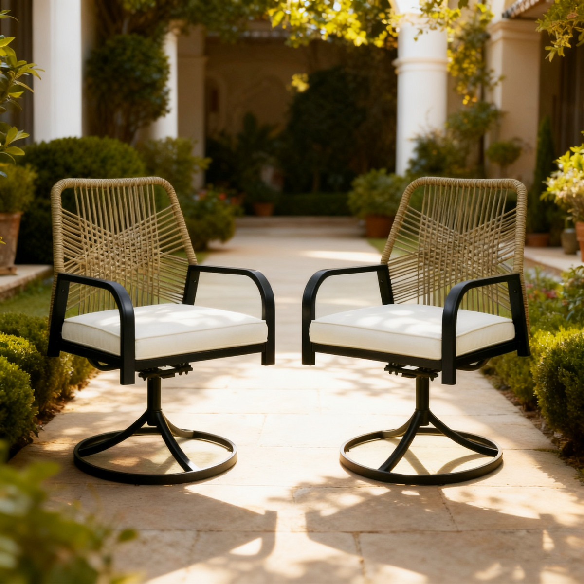 EROMMY Swivel Patio Chairs Set of 4, Outdoor Rattan Dining Chairs with Thickened Cushions, Beige