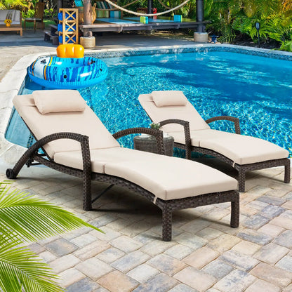 EROMMY Chaise Lounge Chairs Set of 4 for Outside, PE Rattan Wicker Patio Pool Lounge Chair with Arm, Cushion for Poolside Beach (Khaki)