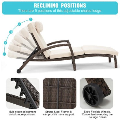 EROMMY Chaise Lounge Chairs Set of 6 for Outside, PE Rattan Wicker Patio Pool Lounge Chair with Arm, Cushion for Poolside Beach (Khaki)