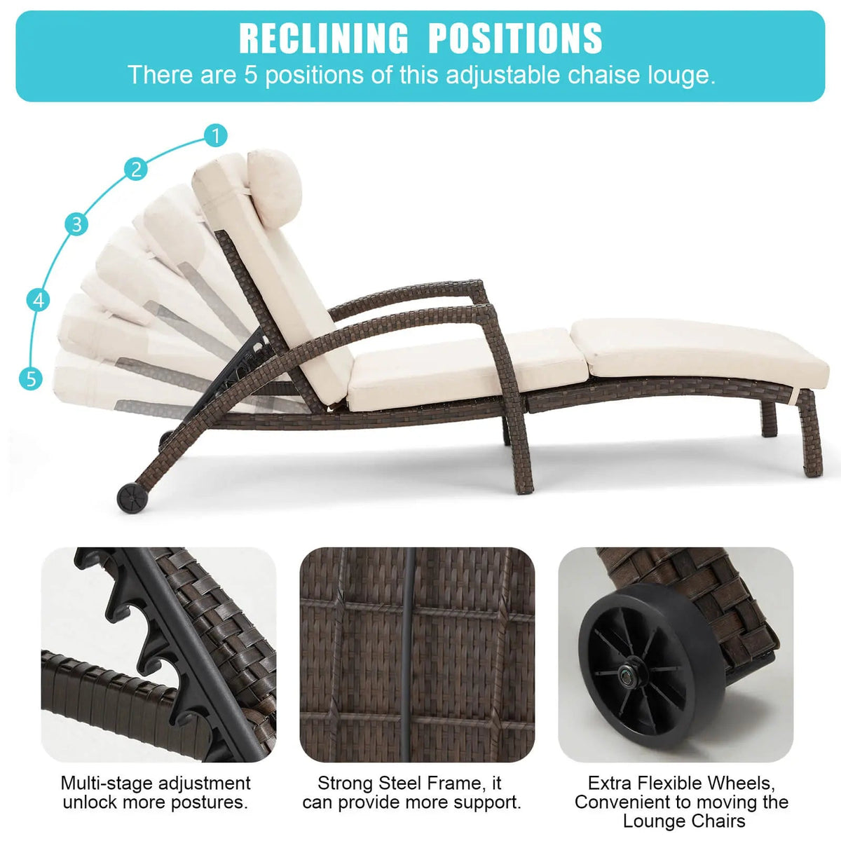 EROMMY Chaise Lounge Chairs Set of 4 for Outside, PE Rattan Wicker Patio Pool Lounge Chair with Arm, Cushion for Poolside Beach (Khaki)