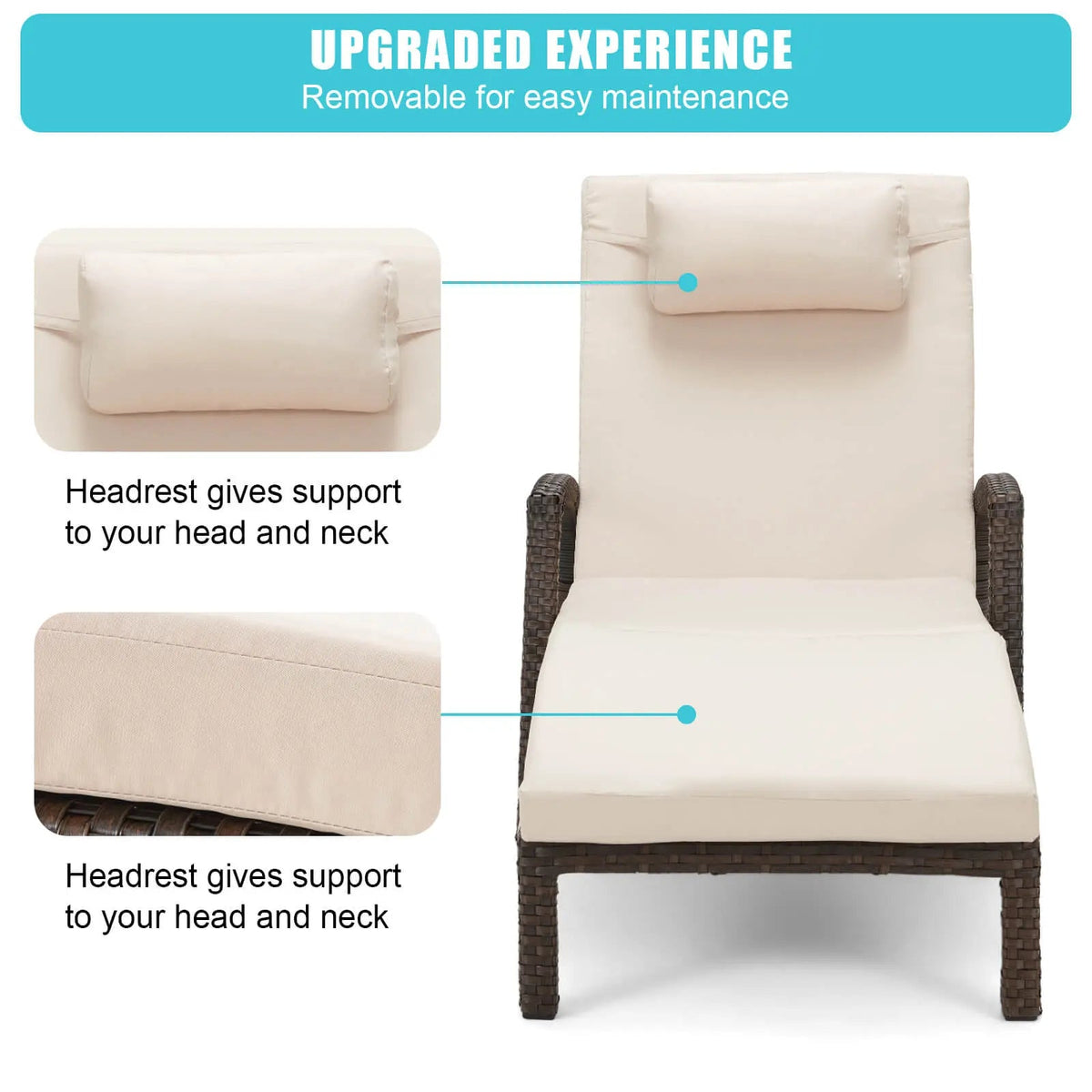 EROMMY Chaise Lounge Chairs Set of 4 for Outside, PE Rattan Wicker Patio Pool Lounge Chair with Arm, Cushion for Poolside Beach (Khaki)