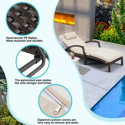 EROMMY Chaise Lounge Chairs Set of 4 for Outside, PE Rattan Wicker Patio Pool Lounge Chair with Arm, Cushion for Poolside Beach (Khaki)