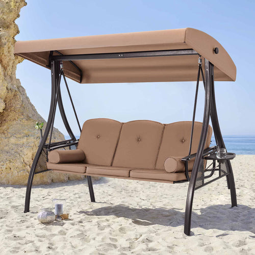 EROMMY 3-Seat Outdoor Porch Swing with Adjustable Canopy and Backrest, Brown